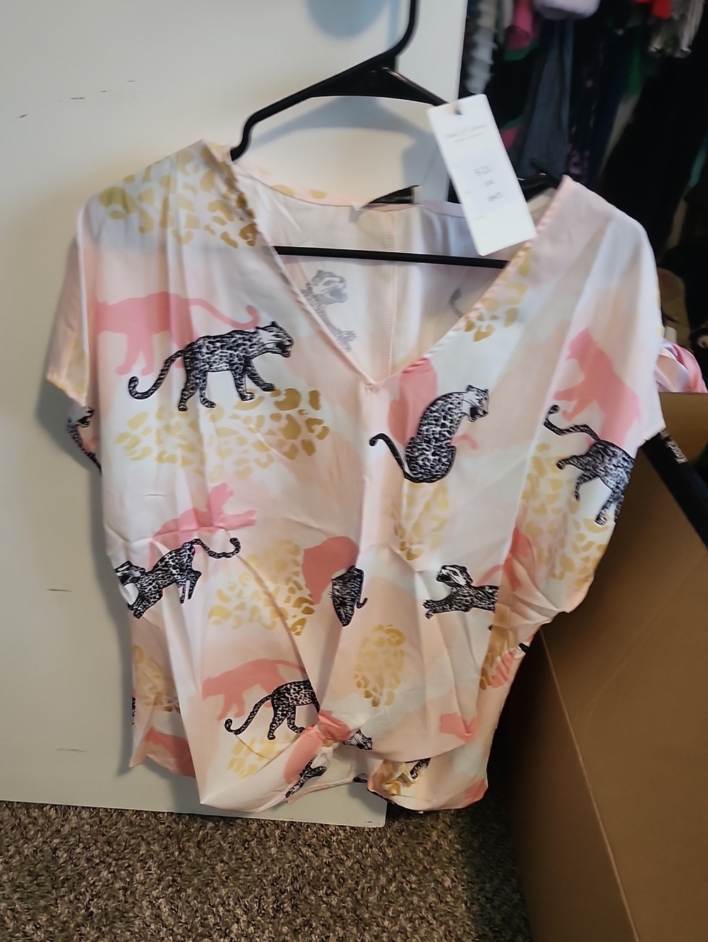 Women’s Pink Leopard-Print V-Neck Top